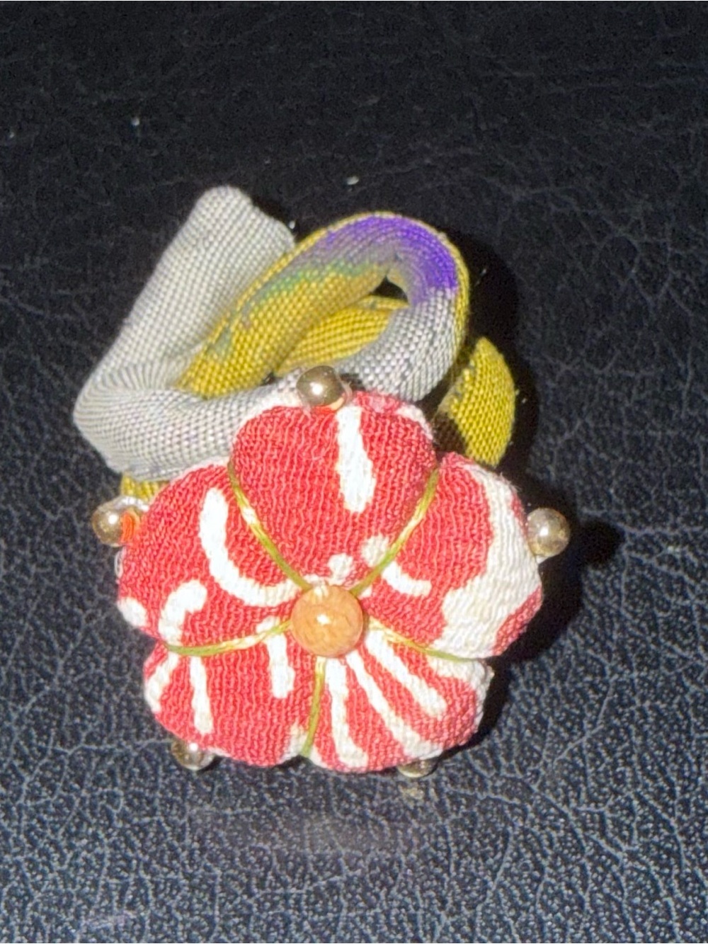 Handcrafted Red Floral Fabric Ring with Multicolor Band, match with Yukata.
